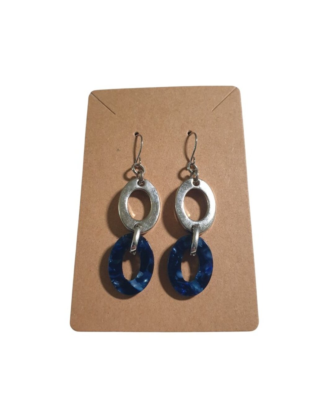 Silver Tone Blue Dangling Oval Earrings Lightweight Hook Piercing Jewelry Gift